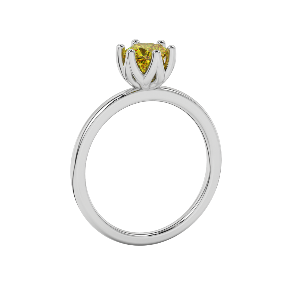 Yellow cushion cut floral solitaire ring in rose gold with six prong flower setting