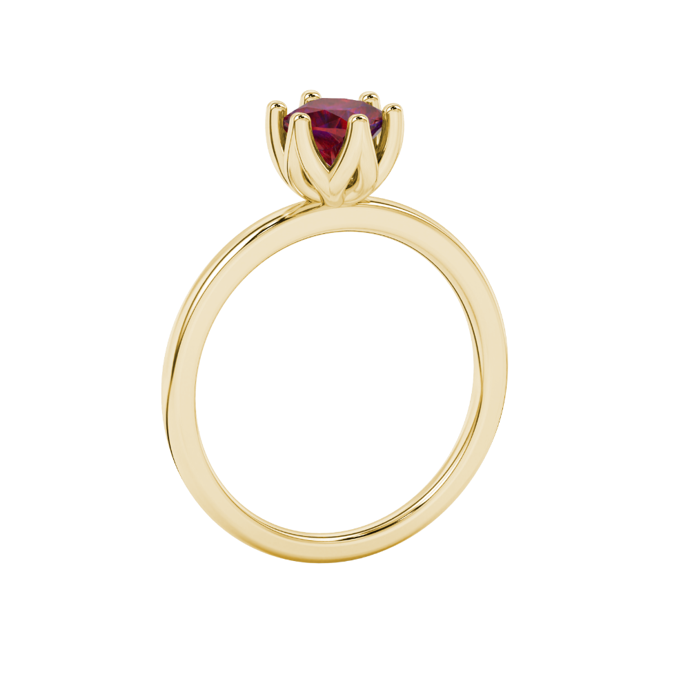 Red cushion cut floral solitaire ring in rose gold with six prong flower setting
