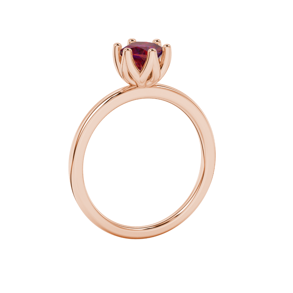 Red cushion cut floral solitaire ring in rose gold with six prong flower setting