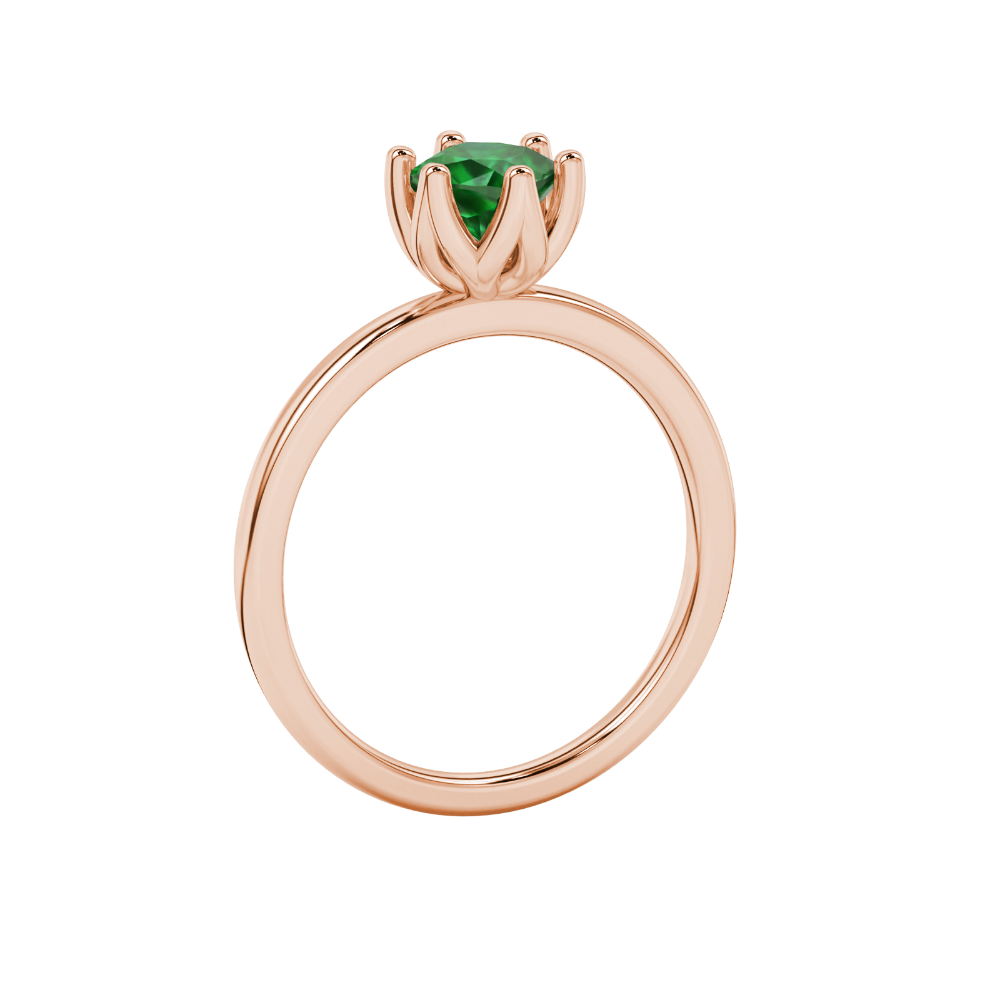 Green cushion cut floral solitaire ring in rose gold with six prong flower setting