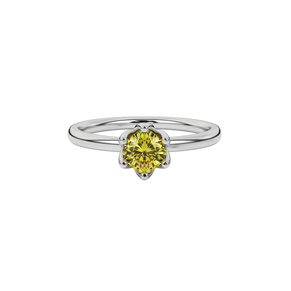 Yellow cushion cut floral solitaire ring in rose gold with six prong flower setting