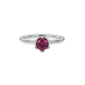 Red cushion cut floral solitaire ring in rose gold with six prong flower setting