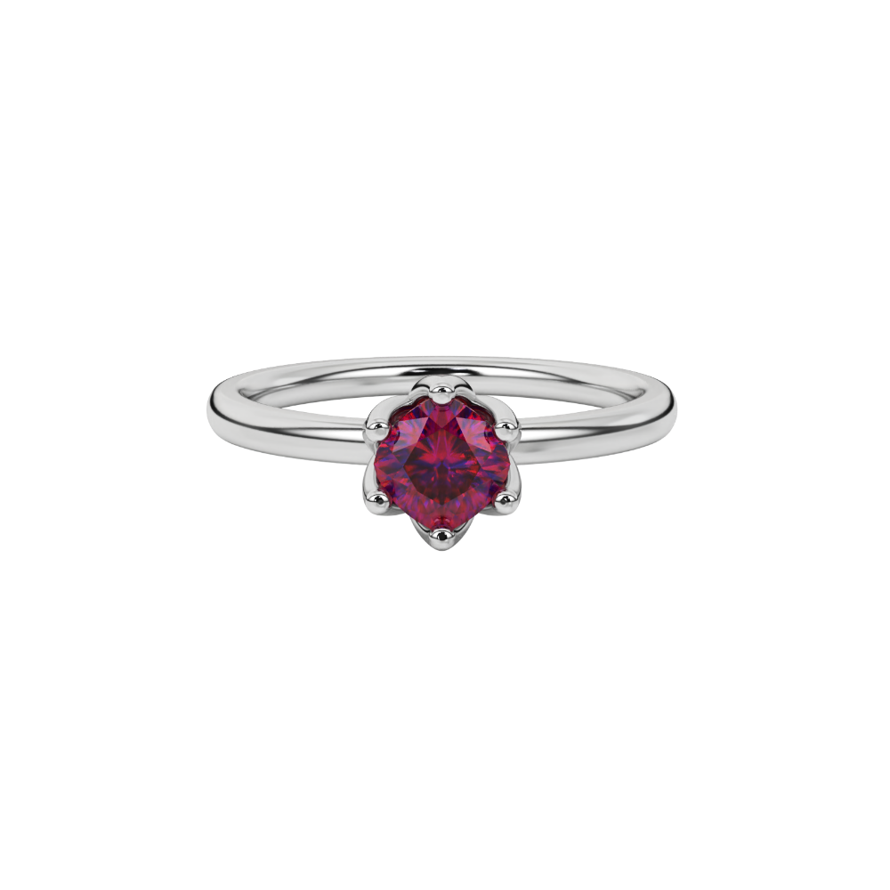 Red cushion cut floral solitaire ring in rose gold with six prong flower setting