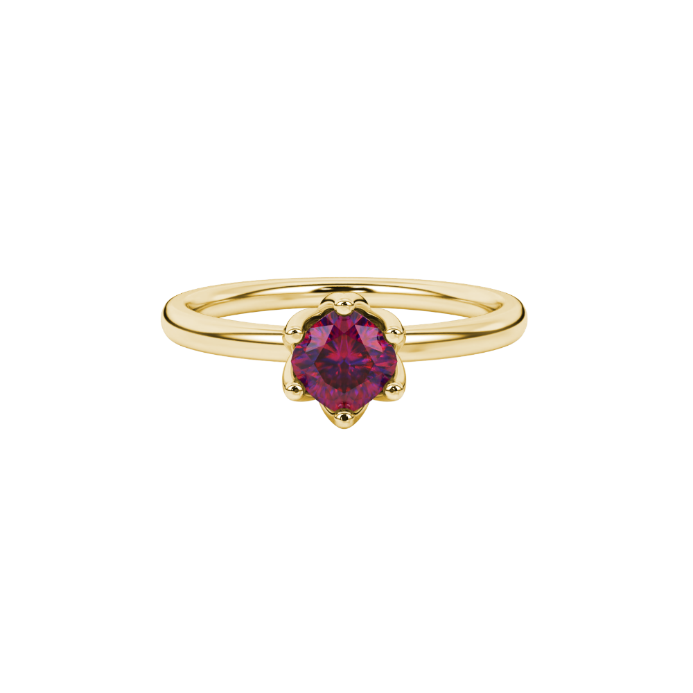 Red cushion cut floral solitaire ring in rose gold with six prong flower setting