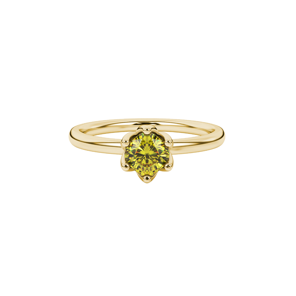 Yellow cushion cut floral solitaire ring in rose gold with six prong flower setting
