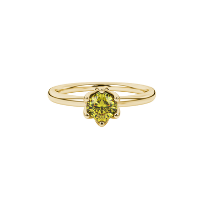 Yellow cushion cut floral solitaire ring in rose gold with six prong flower setting