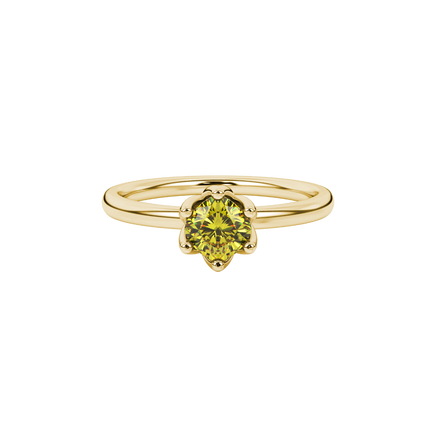 Yellow cushion cut floral solitaire ring in rose gold with six prong flower setting