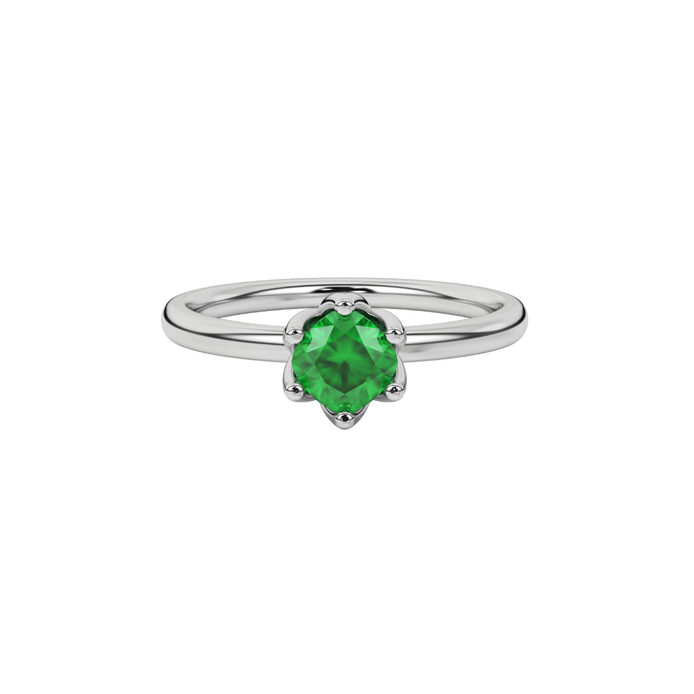 Green cushion cut floral solitaire ring in rose gold with six prong flower setting