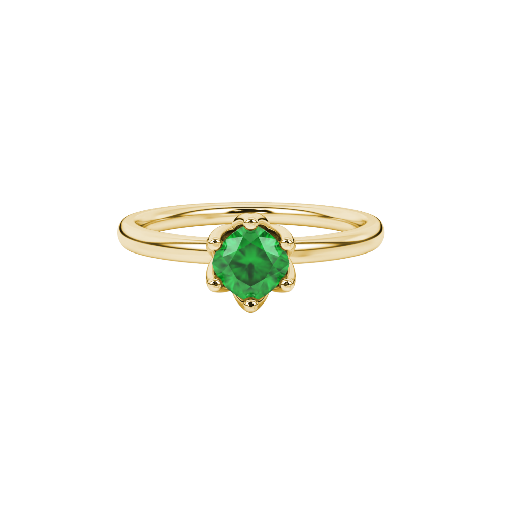 Green cushion cut floral solitaire ring in rose gold with six prong flower setting