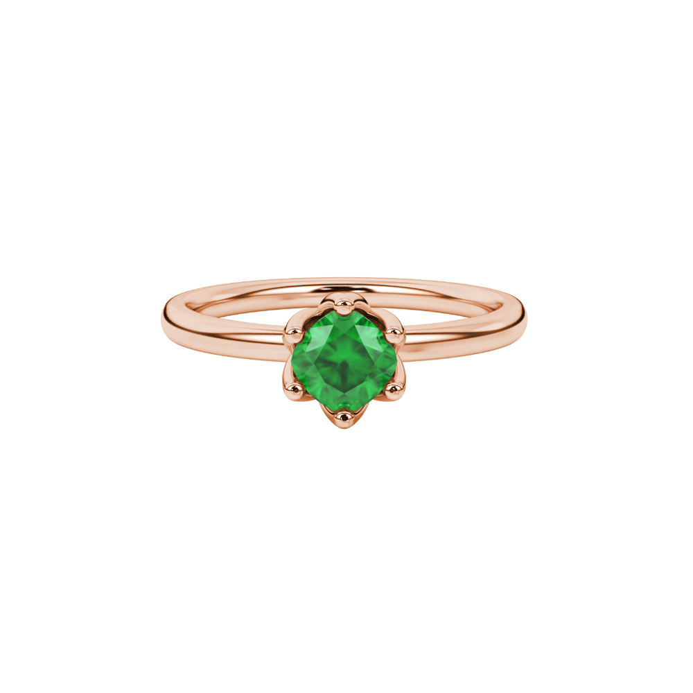 Green cushion cut floral solitaire ring in rose gold with six prong flower setting