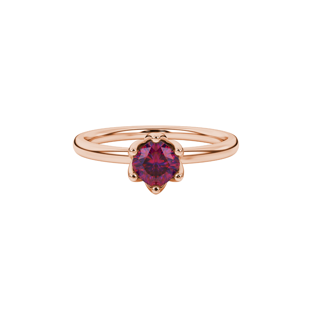 Red cushion cut floral solitaire ring in rose gold with six prong flower setting