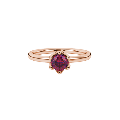 Red cushion cut floral solitaire ring in rose gold with six prong flower setting
