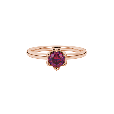 Red cushion cut floral solitaire ring in rose gold with six prong flower setting