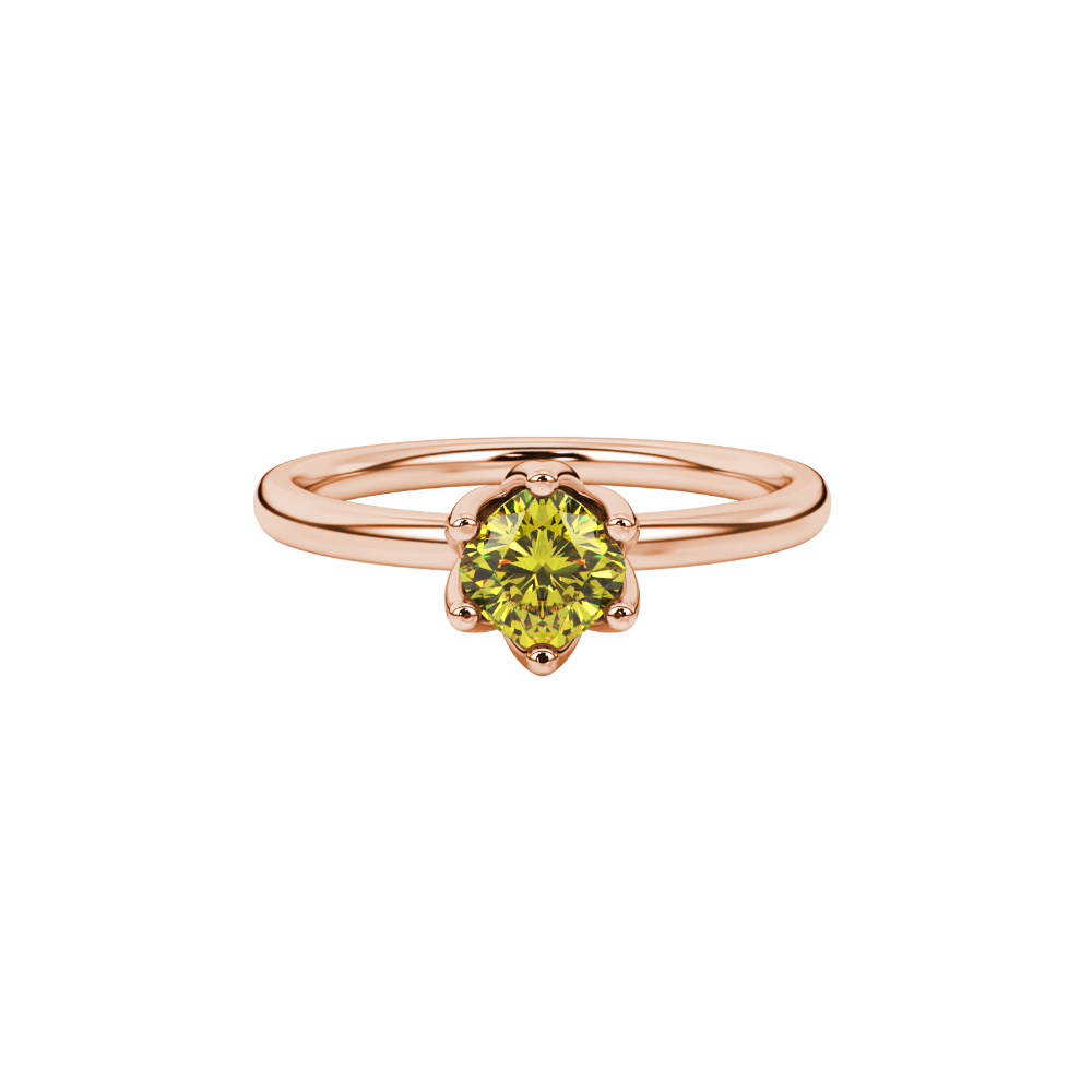 Yellow cushion cut floral solitaire ring in rose gold with six prong flower setting
