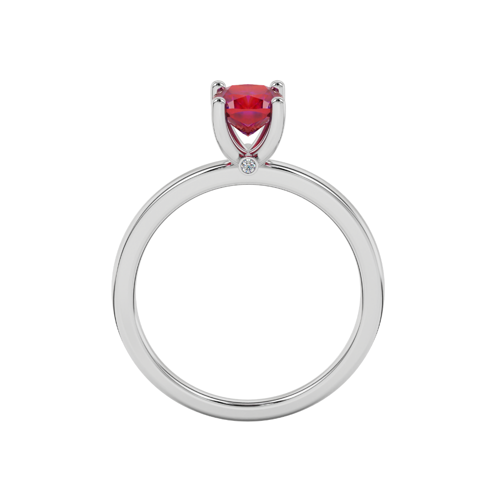 Red cushion cut solitaire gemstone ring with accent diamonds in rose gold four prong setting