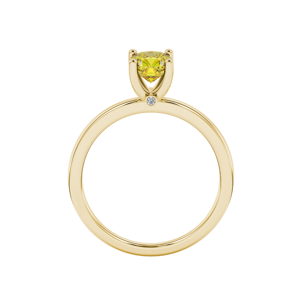 Yellow cushion cut solitaire gemstone ring with accent diamonds in rose gold four prong setting