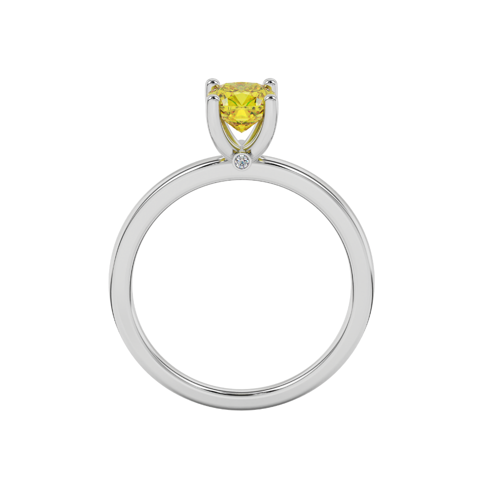 Yellow cushion cut solitaire gemstone ring with accent diamonds in rose gold four prong setting