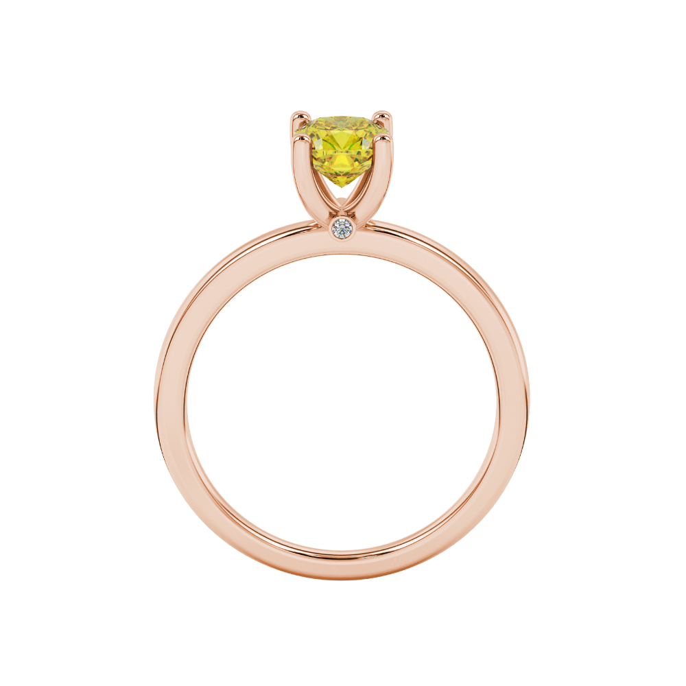 Yellow cushion cut solitaire gemstone ring with accent diamonds in rose gold four prong setting