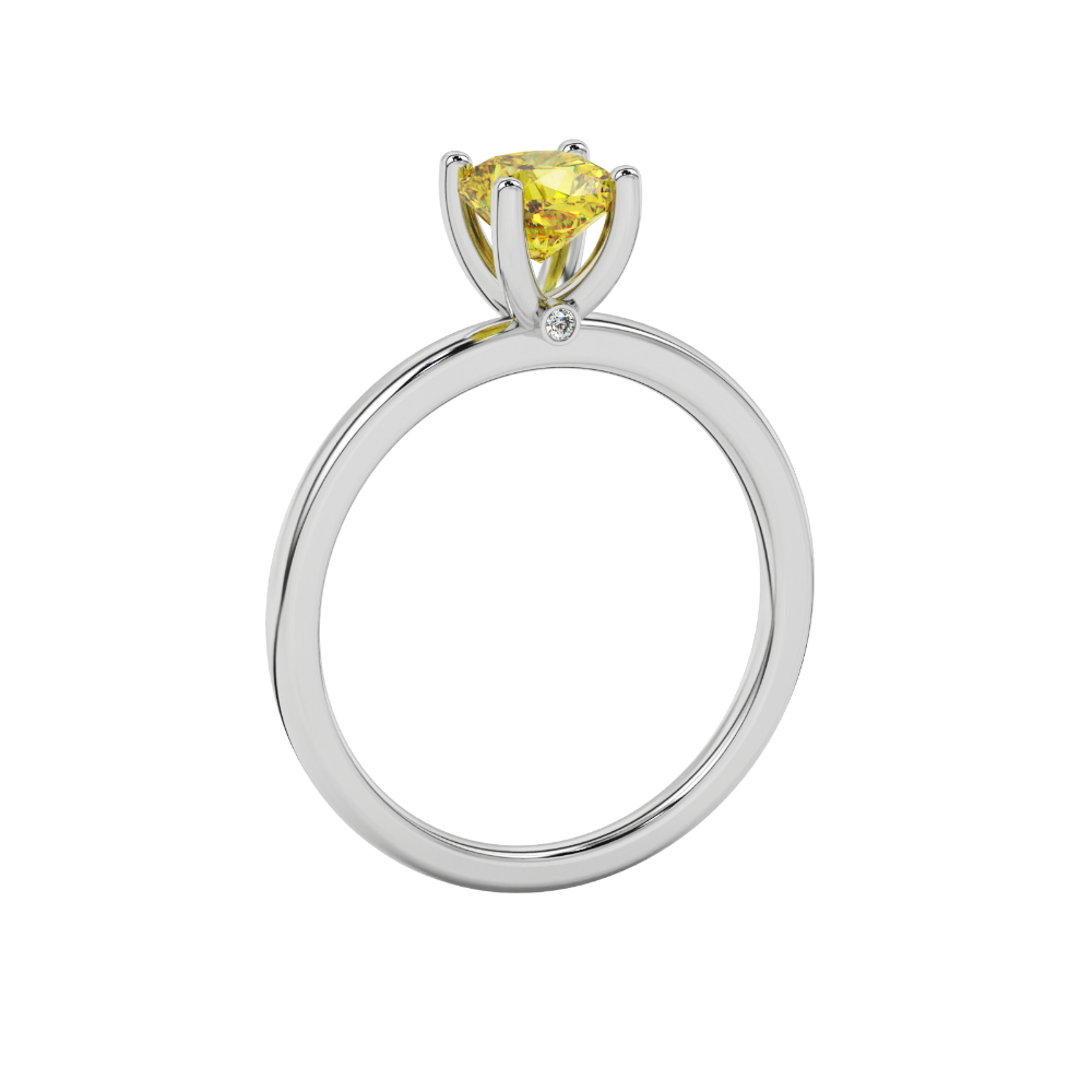 Yellow cushion cut solitaire gemstone ring with accent diamonds in rose gold four prong setting