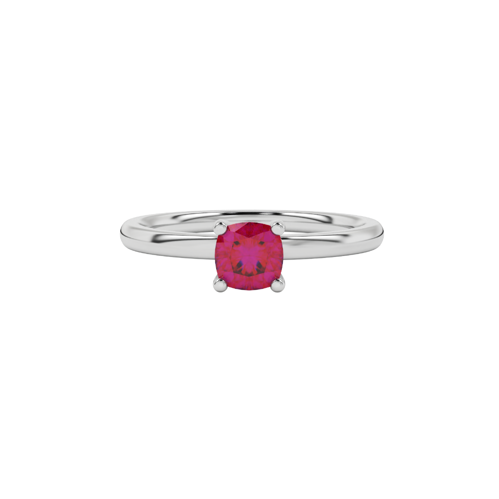 Red cushion cut solitaire gemstone ring with accent diamonds in rose gold four prong setting