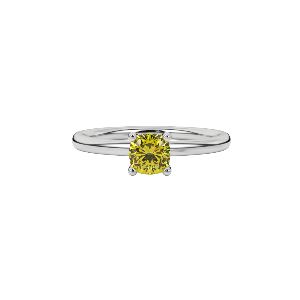 Yellow cushion cut solitaire gemstone ring with accent diamonds in rose gold four prong setting