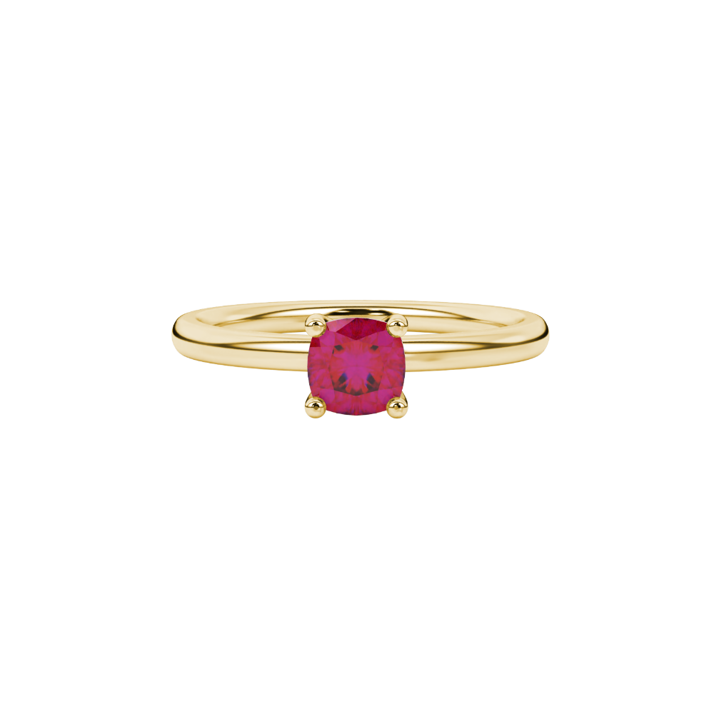 Red cushion cut solitaire gemstone ring with accent diamonds in rose gold four prong setting