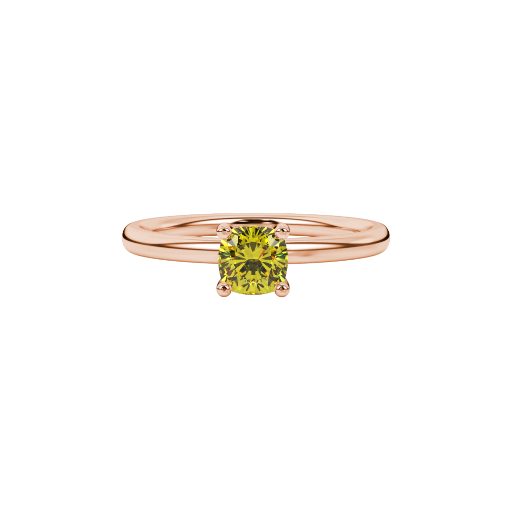 Yellow cushion cut solitaire gemstone ring with accent diamonds in rose gold four prong setting