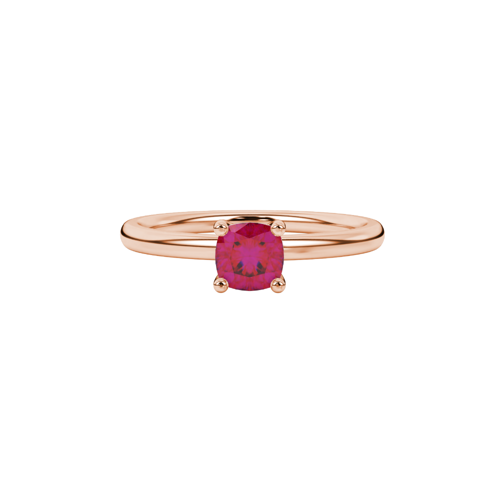 Red cushion cut solitaire gemstone ring with accent diamonds in rose gold four prong setting