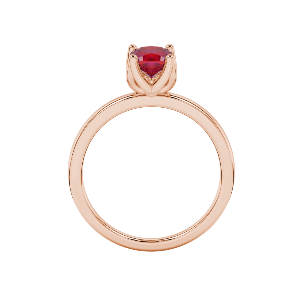 Red cushion cut solitaire ring with tulip basket setting in rose gold