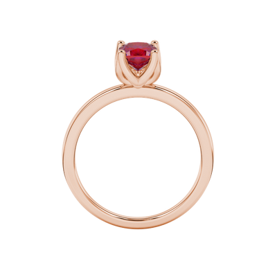 Red cushion cut solitaire ring with tulip basket setting in rose gold