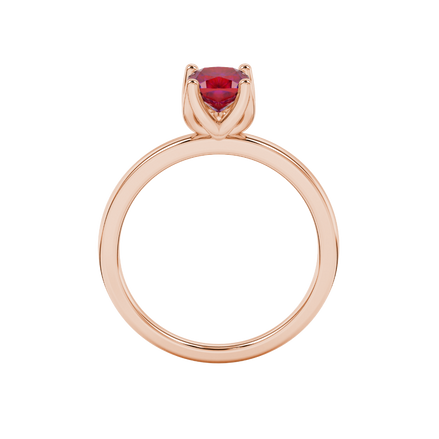 Red cushion cut solitaire ring with tulip basket setting in rose gold