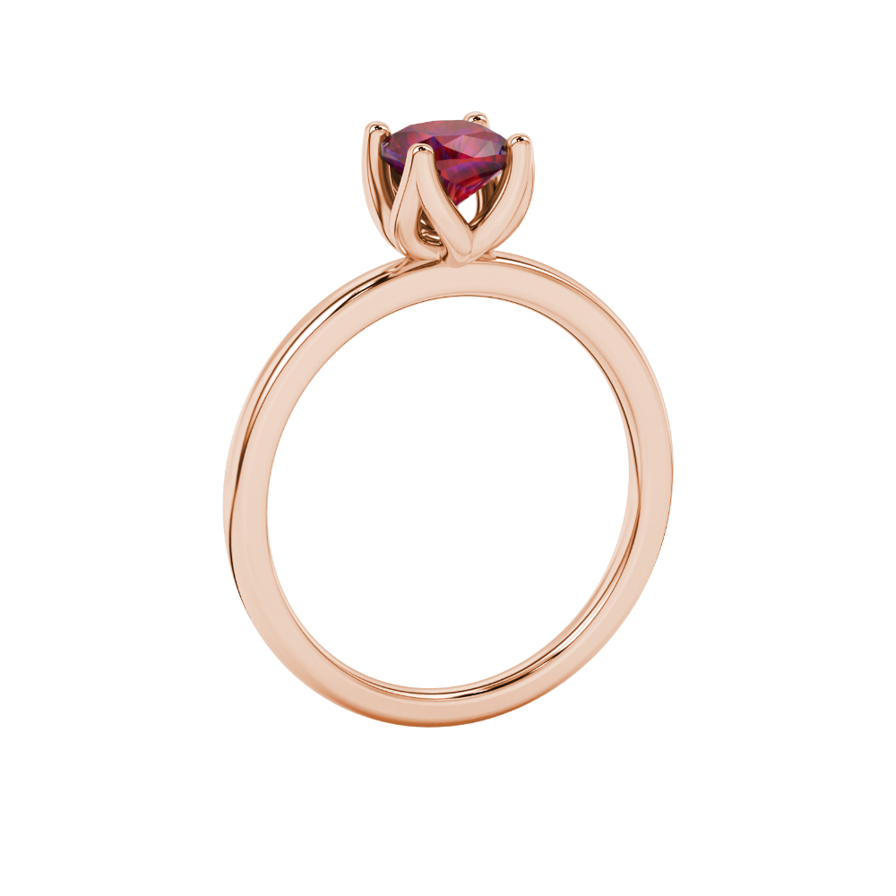 Red cushion cut solitaire ring with tulip basket setting in rose gold