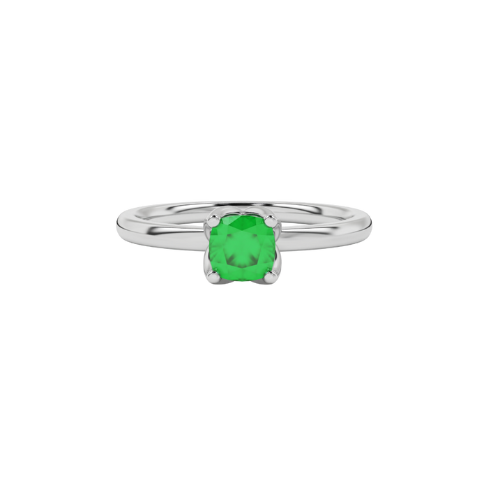 Green cushion cut solitaire ring with tulip basket setting in rose gold
