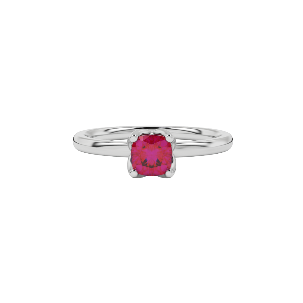 Red cushion cut solitaire ring with tulip basket setting in rose gold