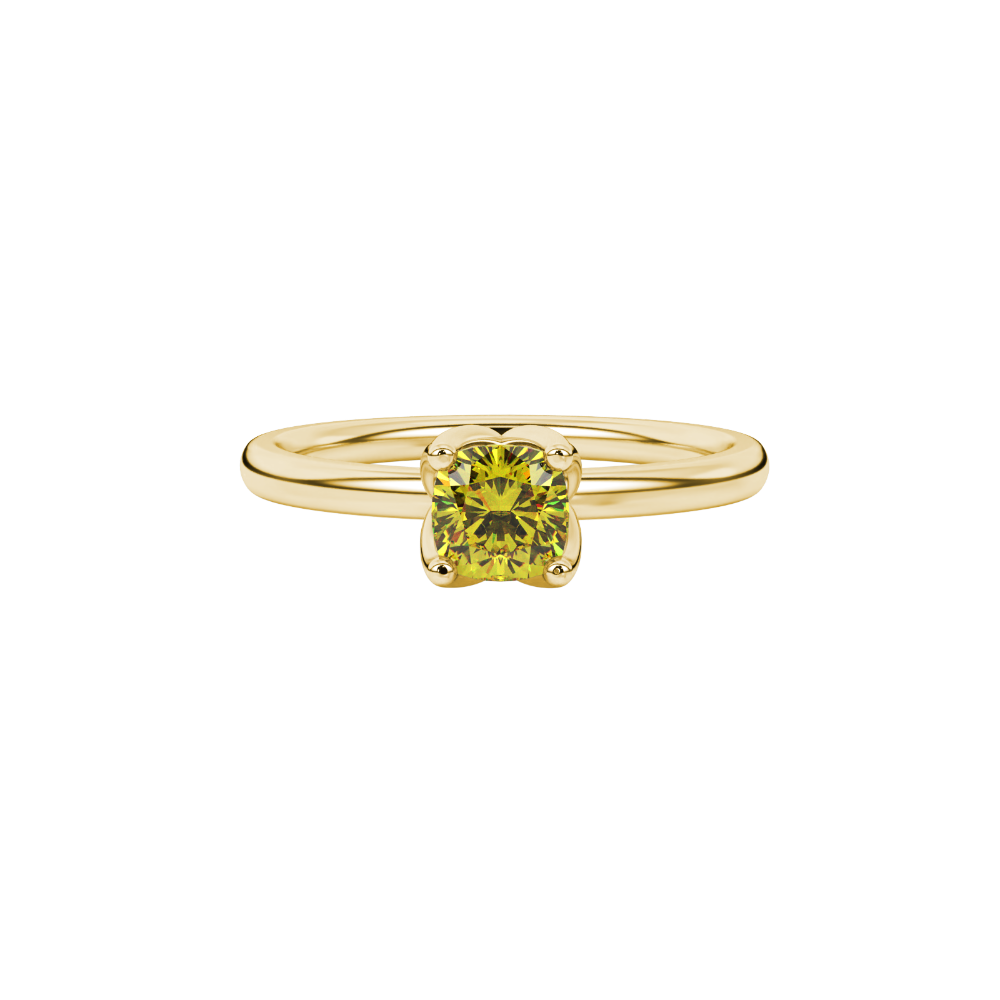 Yellow cushion cut solitaire ring with tulip basket setting in rose gold