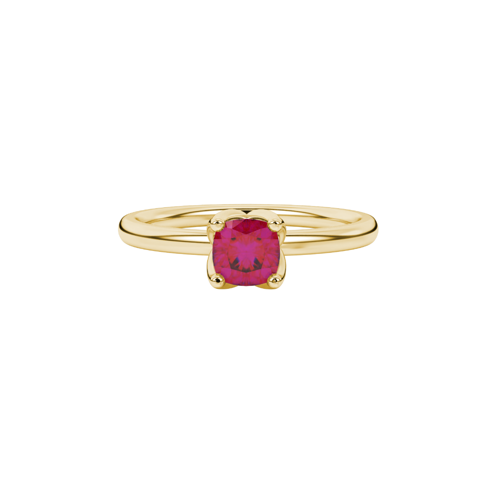 Red cushion cut solitaire ring with tulip basket setting in rose gold