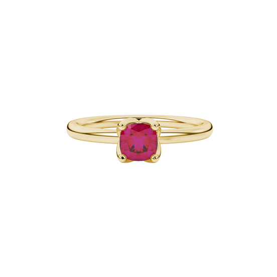 raspberry red petal basket cushion cut gemstone ring in yellow gold