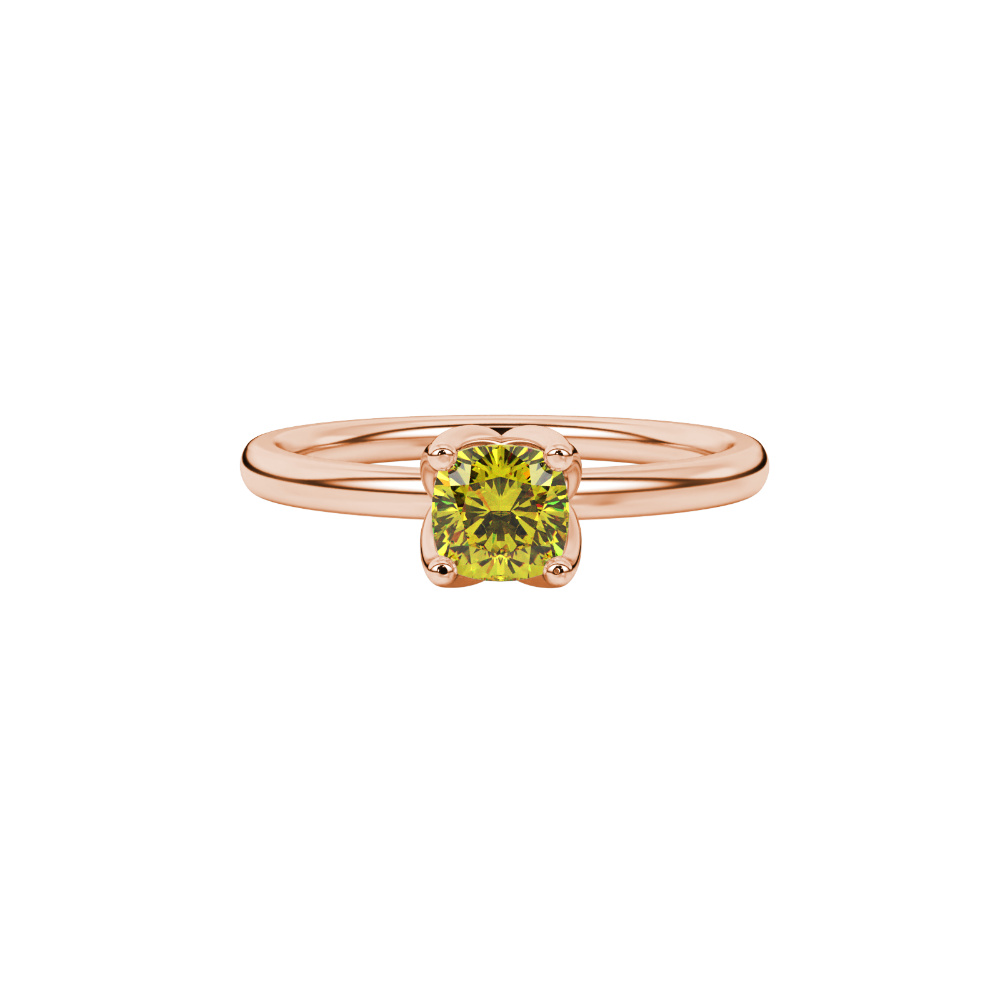 Yellow cushion cut solitaire ring with tulip basket setting in rose gold