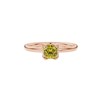 Yellow cushion cut solitaire ring with tulip basket setting in rose gold