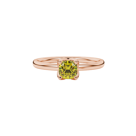 Yellow cushion cut solitaire ring with tulip basket setting in rose gold