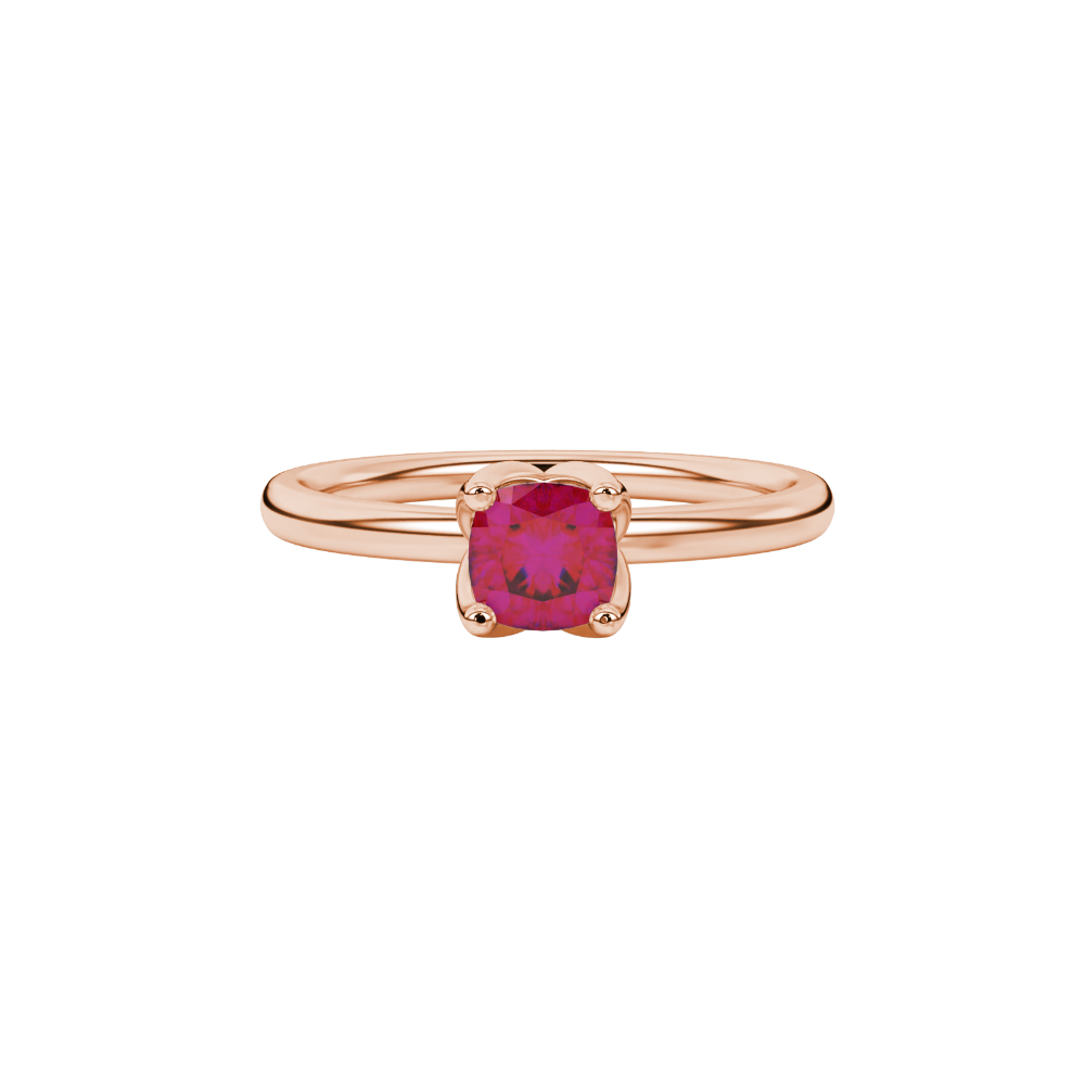 Red cushion cut solitaire ring with tulip basket setting in rose gold