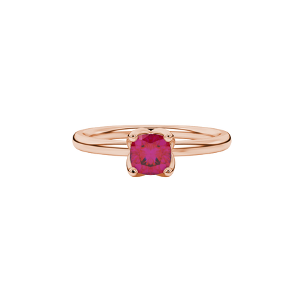 Red cushion cut solitaire ring with tulip basket setting in rose gold
