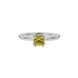 Yellow cushion cut solitaire gemstone ring in six-prong gold setting with slim stackable band
