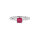 Red cushion cut solitaire gemstone ring in six-prong gold setting with slim stackable band