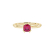 Red cushion cut solitaire gemstone ring in six-prong gold setting with slim stackable band