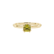 Yellow cushion cut solitaire gemstone ring in six-prong gold setting with slim stackable band