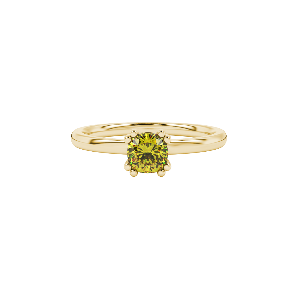 Yellow cushion cut solitaire gemstone ring in six-prong gold setting with slim stackable band