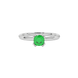 Green cushion cut solitaire gemstone ring in six-prong gold setting with slim stackable band