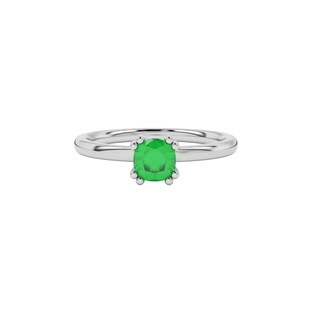 Green cushion cut solitaire gemstone ring in six-prong gold setting with slim stackable band