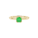 Green cushion cut solitaire gemstone ring in six-prong gold setting with slim stackable band